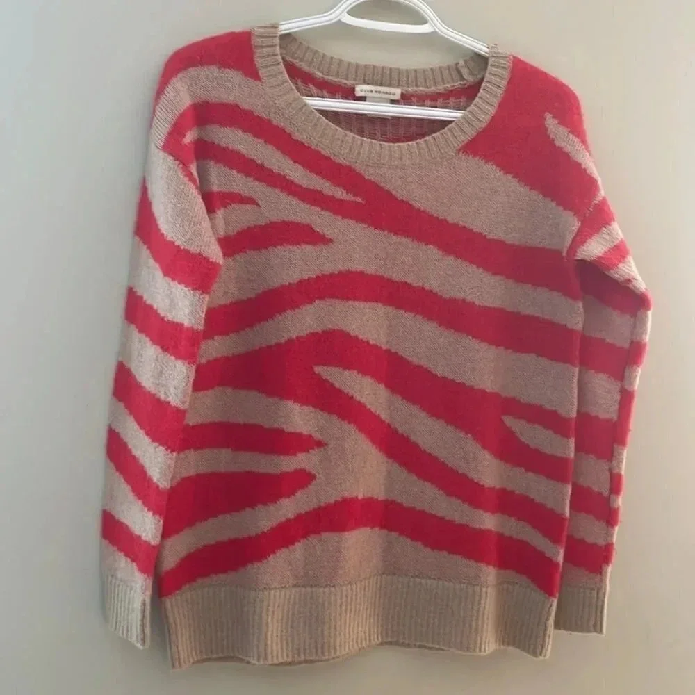 Club Monaco Women Mohair Zebra Stripe  Tan Red Pullover Crew Neck Sweater Sz:XS - Picture 3 of 12